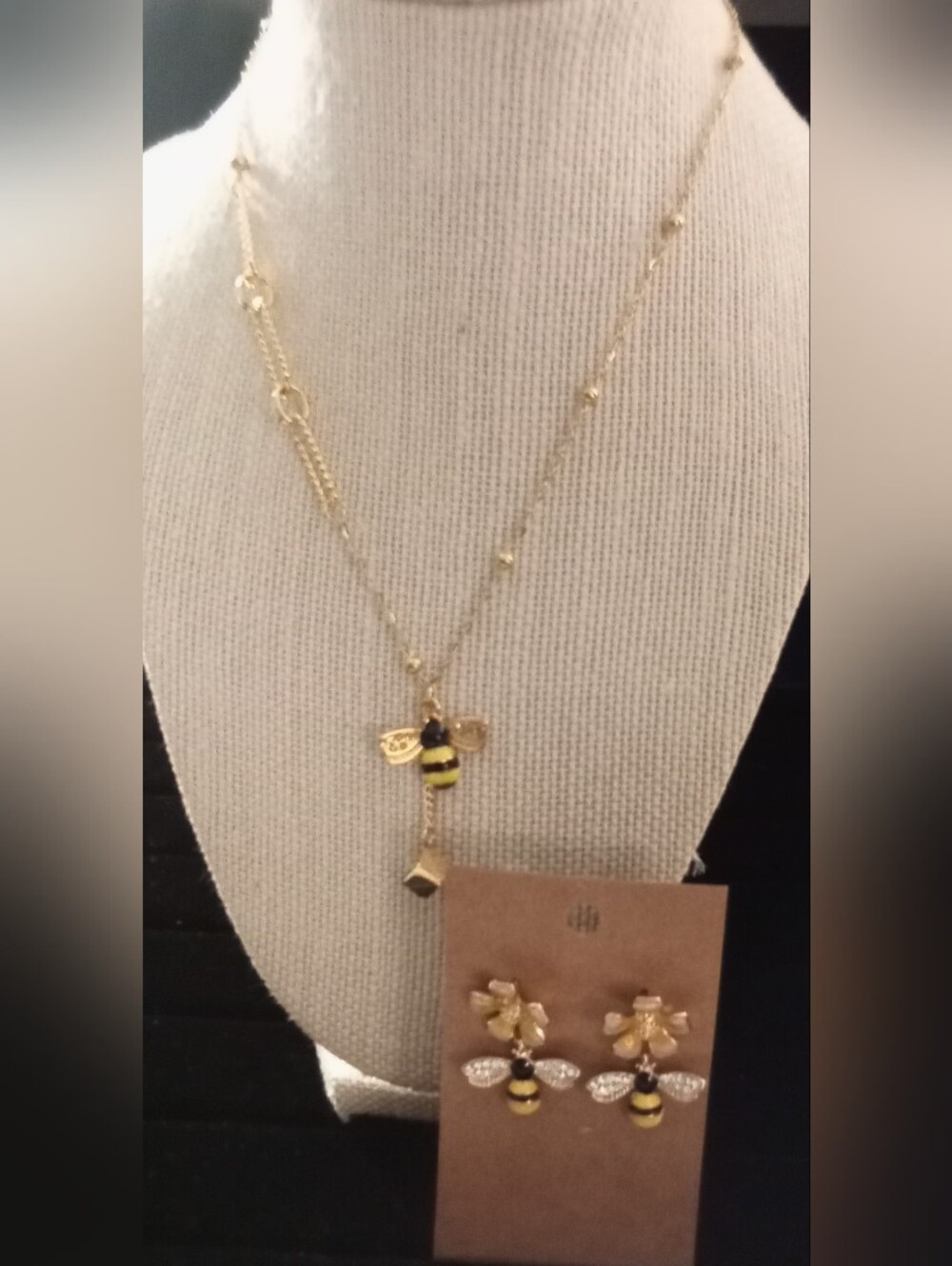 Gold Bee Pendant Necklace and Bee Earrings Set - Yellow/Black Accents